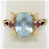 Image 1 : Retro 14k Yellow Gold 2.18 ctw Aquamarine Solitaire and Synthetic Ruby Ring