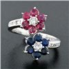 Image 2 : Estate 14k White Gold Round Sapphire Ruby & Diamond Flower Cluster Bypass Ring