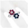 Image 3 : Estate 14k White Gold Round Sapphire Ruby & Diamond Flower Cluster Bypass Ring