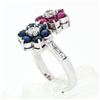 Image 9 : Estate 14k White Gold Round Sapphire Ruby & Diamond Flower Cluster Bypass Ring