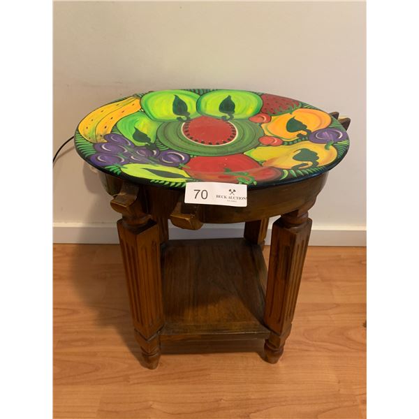 Wooden Side Table with Decorative Ceramic Plate Top