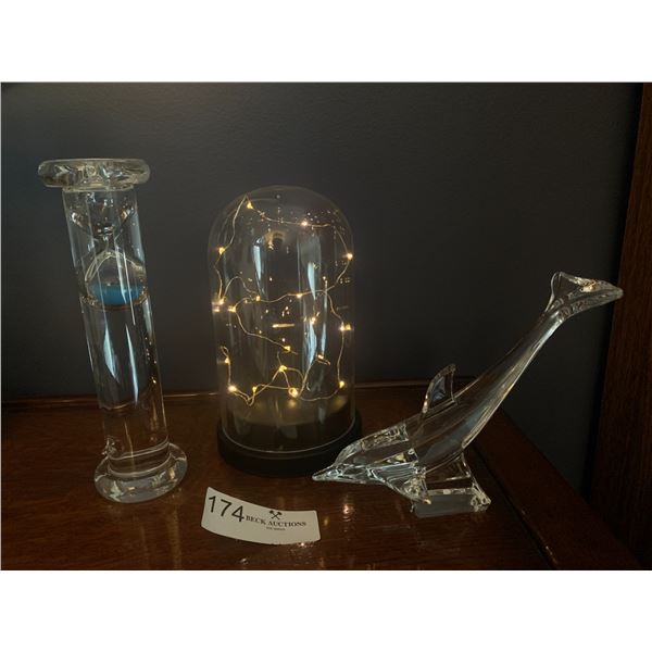 Glass Dolphin, Floating Hourglass, and Luminous Glass Dome