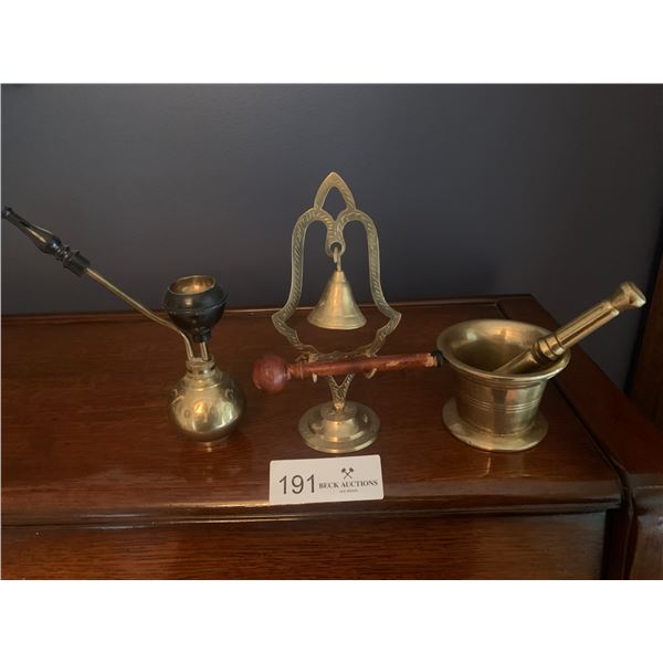 Assortment of Brassware - Mortar and Pestle, Bell, Pipe