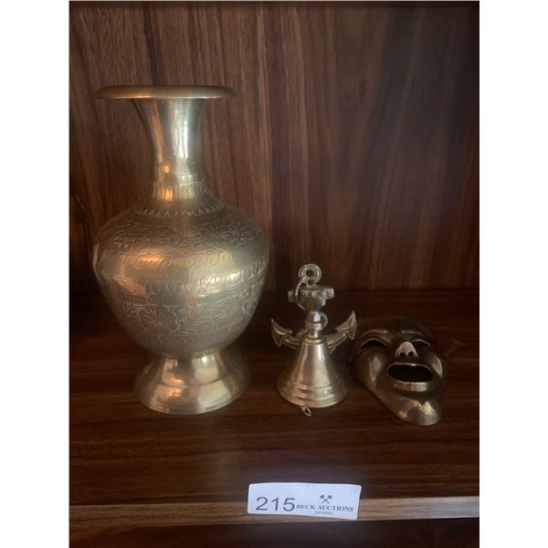 Assortment of Brassware - Vase, Bell, and Mask