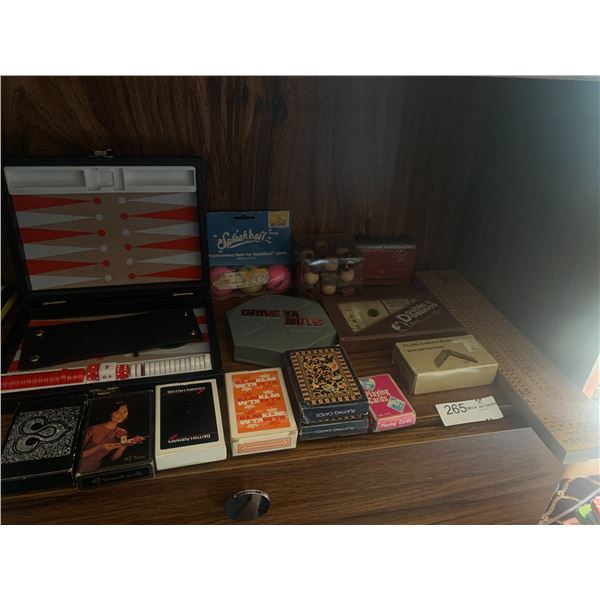 Collection of Playing Cards, Backgammon Set, Cribbage Board, and More