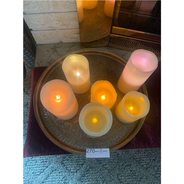 Assortment of Electronic Candles w/ Decorative Brass Tray
