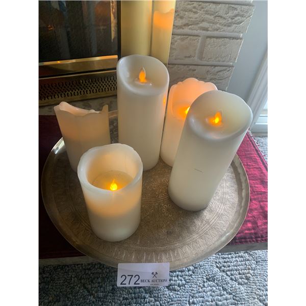 Assortment of Electronic Candles w/ Decorative Brass Tray