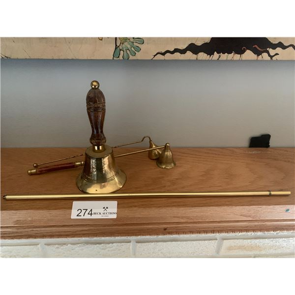 Assortment of Brassware - Fireplace Lighter, Candle Stuffers, Bell
