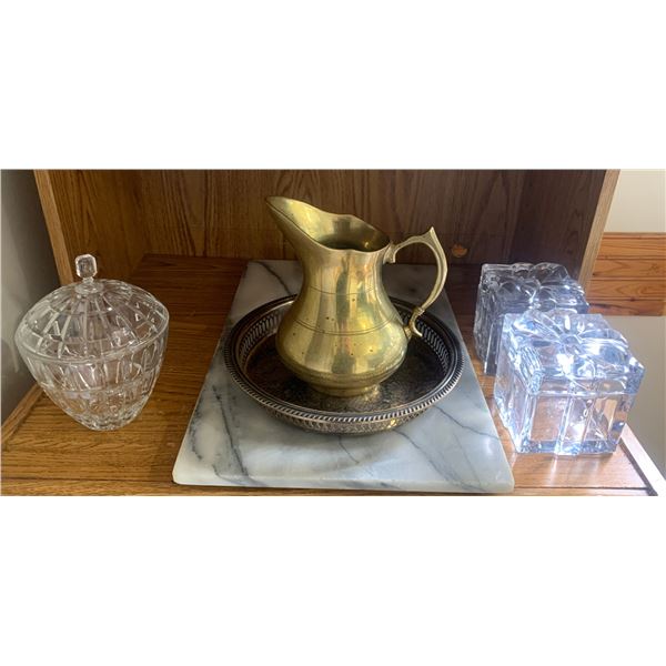 Marble Cutting Board, Brass Water Jug, and Three Glass Candy Bowls