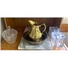 Image 1 : Marble Cutting Board, Brass Water Jug, and Three Glass Candy Bowls