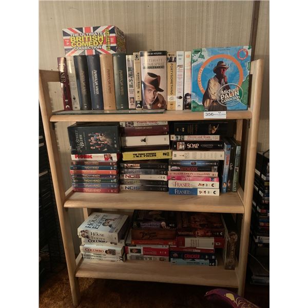 Wooden Shelving Unit w/ Assortment of DVDs