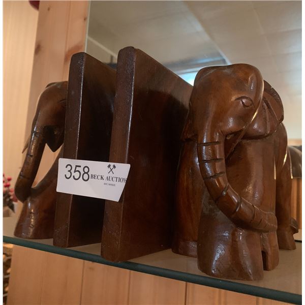 2 x Wood-Carved Elephant Bookends