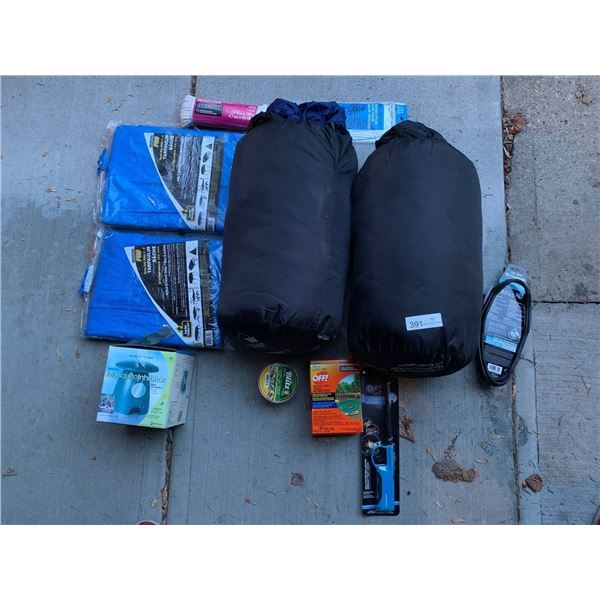 Assortment of Camping Gear - Sleeping Bags, Tarps, Mosquito Coils, and More!