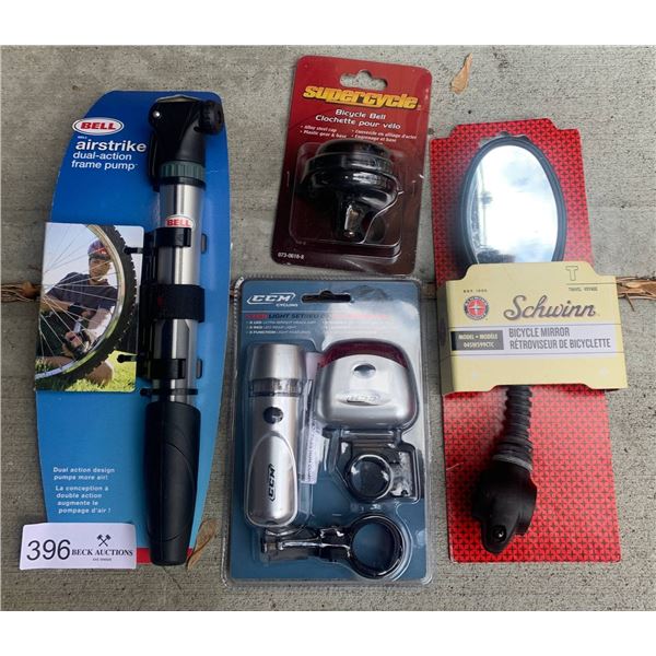Assortment of Bicycle Accessories - Pump, Bell, Mirror, Light
