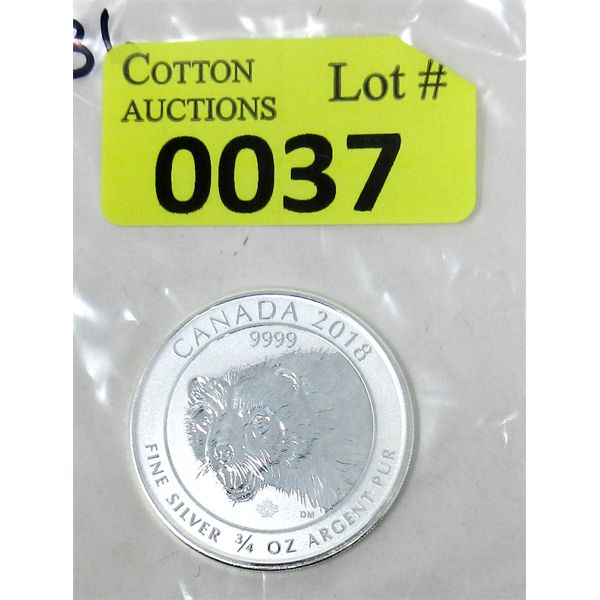 3/4 Oz .9999 Silver 2018 Canada Wolverine Coin 