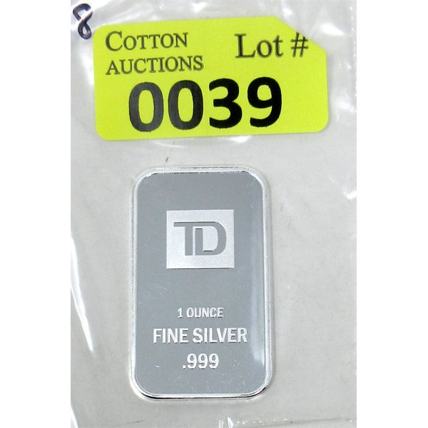 1 Oz .999 Silver TD Bank Investor Bar 