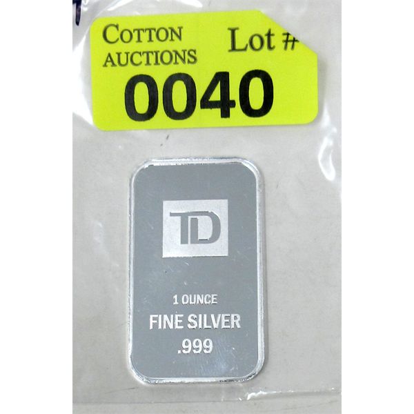 1 Oz .999 Silver TD Bank Investor Bar 
