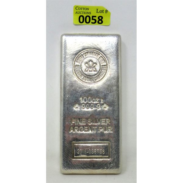 100 Oz .9999 Silver Canada Serial Numbered Bar