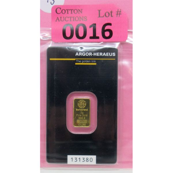 2 Gram .9999 Fine Gold Argor-Heraeus Certified Bar 