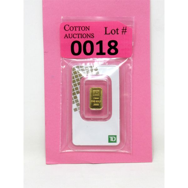 1 Gram .9999 Fine Gold TD Bank Investor Bar 
