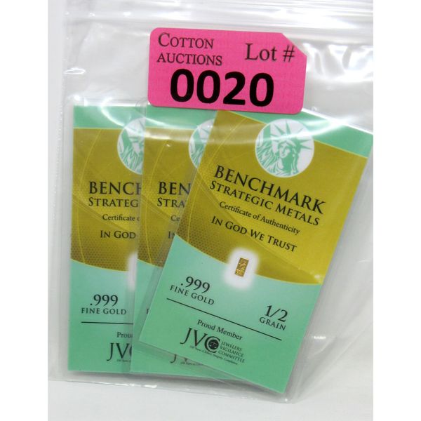 3 x 1/2 Grain .999 Fine Gold Benchmark Certified Bars 