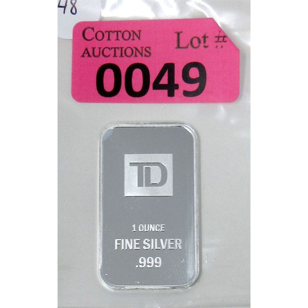 1 Oz .999 Silver TD Bank Investor Bar 