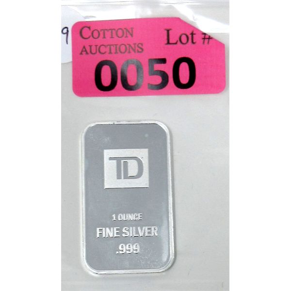 1 Oz .999 Silver TD Bank Investor Bar 