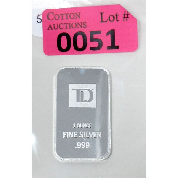 1 Oz .999 Silver TD Bank Investor Bar 