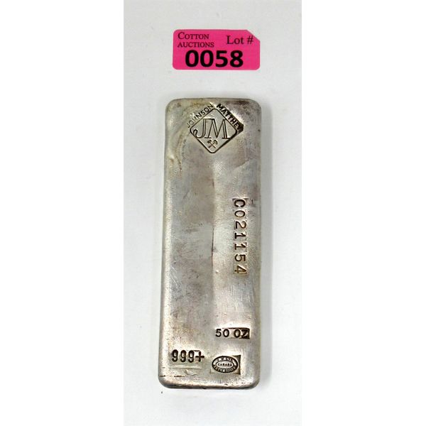 Rare 50 Oz .999+ Silver Johnson Matthey Hand Poured/ Stamped Bar