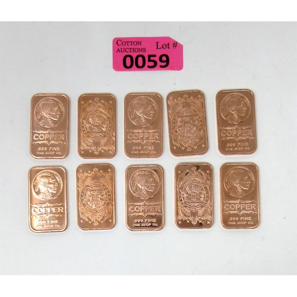 10 x .999 Fine Copper Liberty First Nations Bars 