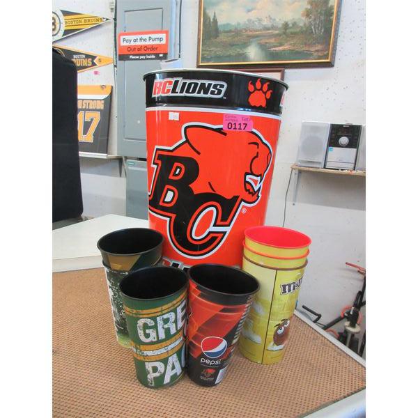BC Lions Trash Can & 7 Assorted Beverage Cups