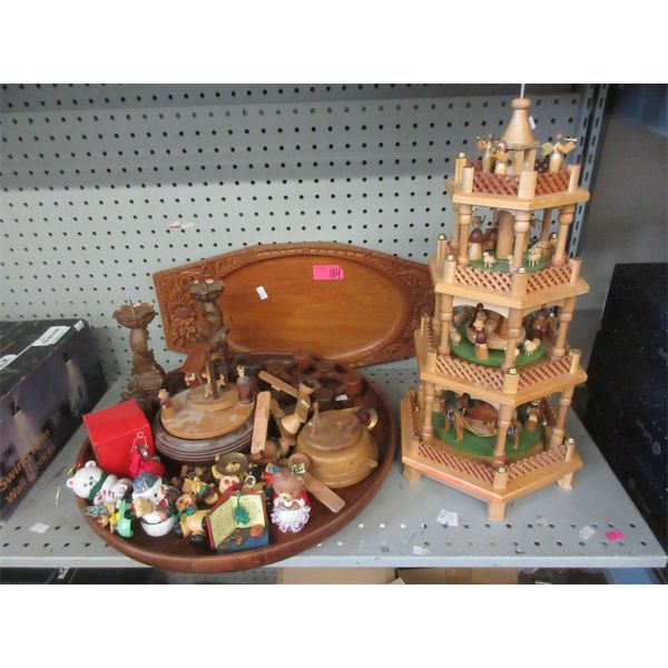Christmas Tower & Teak Tray Full of Decorations