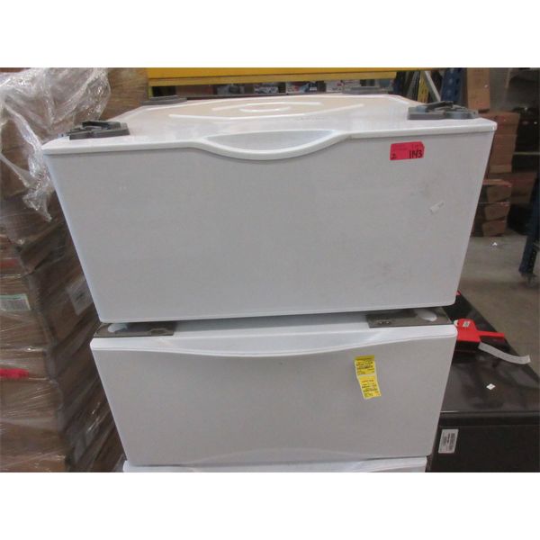 2 White Appliance Pedestals with Drawers