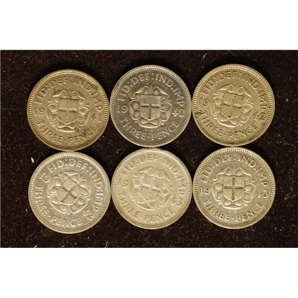 6 GREAT BRITAIN SILVER 3 PENCE COINS (1941-1943)