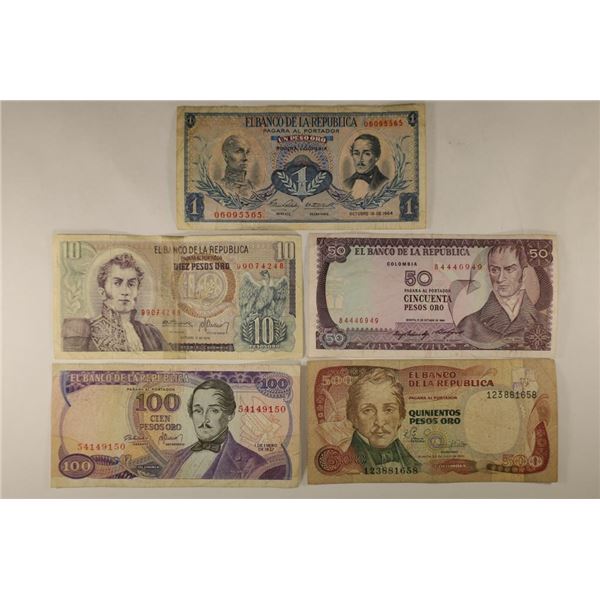 5 COLUMBIA BANK NOTES: 1964-1 PESO, 1970-TEN PESO