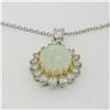 Image 7 : Solid Platinum 18K Yellow Gold 3.69 ctw Oval Opal & Diamond Halo Pendant Necklac