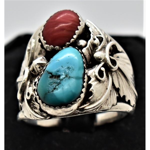 Navajo Sterling Turquoise and Coral Ring, Size 12