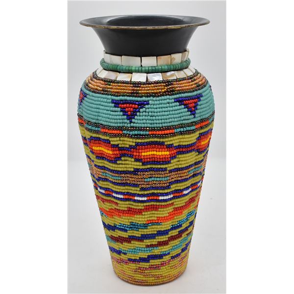 Sioux Hand Beaded Metal Vase by Kills Thunder