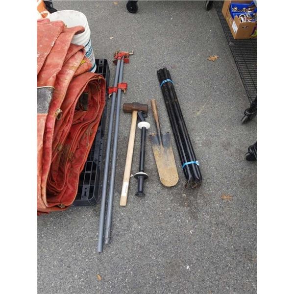SLEDGEHAMMER, WRAP TOOL, SHOVEL HEAD, AND PIPE CLAMPS