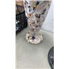 Image 6 : LIBRARY LAMP WITH MARBLE BASE, HANCOCK ROSELLA VASE, ROYAL CORONA WARE WITH VINTAGE DOILIES, NAPKINS