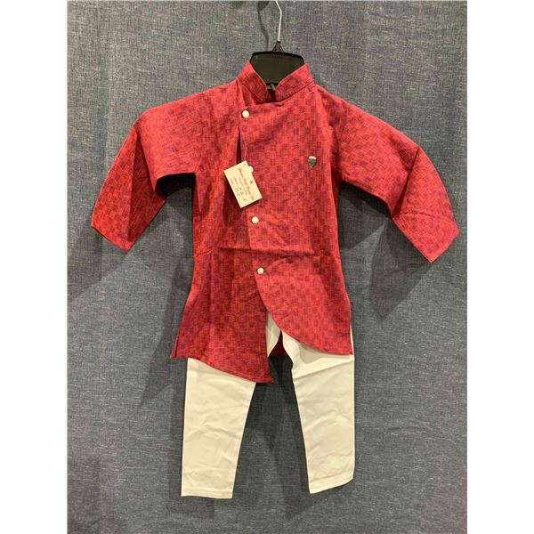 Toddler Size 2 Red Design & White Pant 100% Cotton, Kurta Pyjama Traditional Wear for Boys