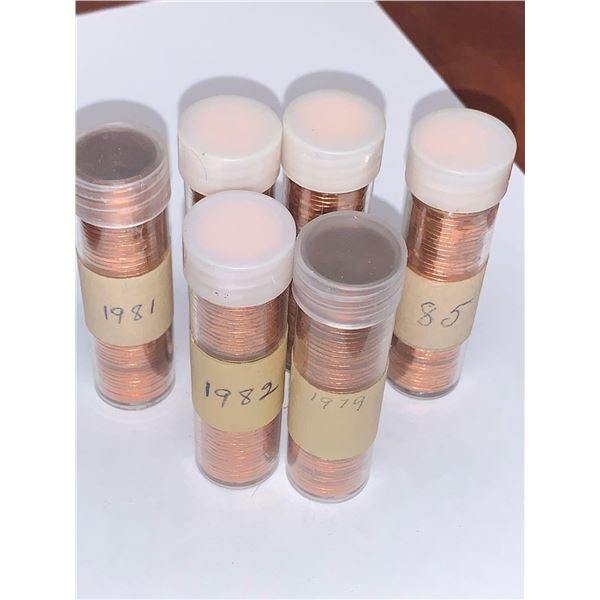 Lot of 6 - Full Rolls Asst Canadian Sorted Pennies 1979-1985