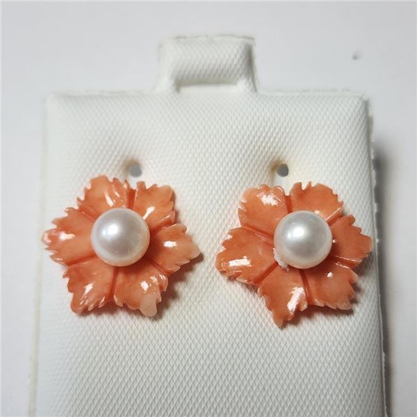 14K Yellow Gold Fresh Water Pearl And Poly Coral 2In1  Earrings (~Size )(Ring is resizable for $40) 