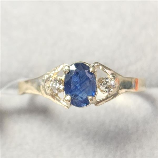 10K Yellow Gold Blue Sapphire(0.6ct) Diamond(0.04ct) Ring (~Size 6)(~weight 1.38g), Made in Canada, 