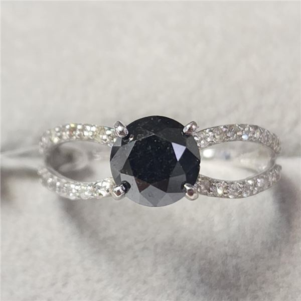 14K White Gold Black Diamond(1.3ct) Diamond(0.3ct) Ring (~Size 7) (~weight 2.1g), Made in Canada, Ap