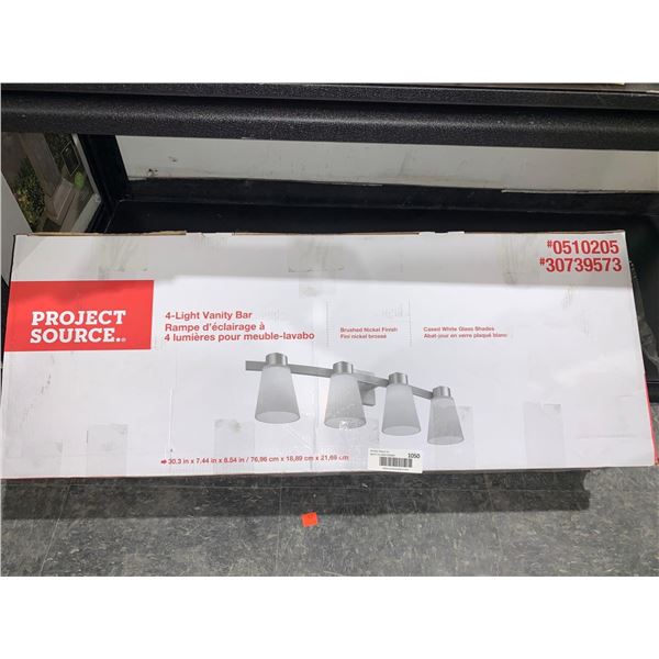 Project Source 4- Light Vanity Bar Brushed Nickle Finish w/ Cased White Glass Shades