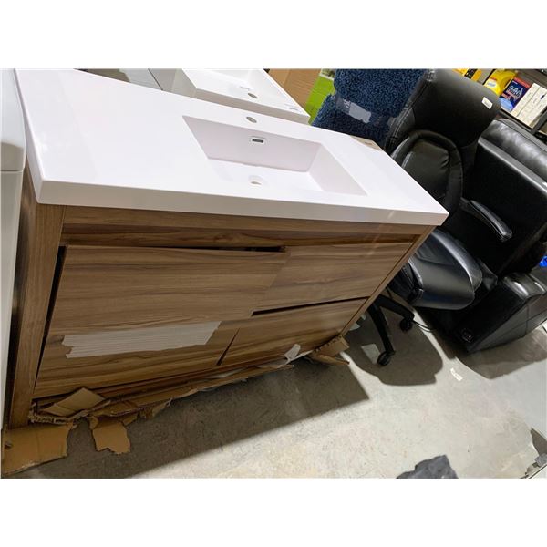 4 Drawer Wood Finish with White Marble Single Sink Bathroom Vanity - White & Wood - Some Minor Damag