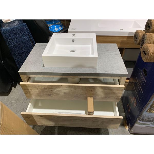 Two Drawer & 1 Shelf Wood Finish Vanity with Raised Square Sink Basin - 35WX20DX36"T