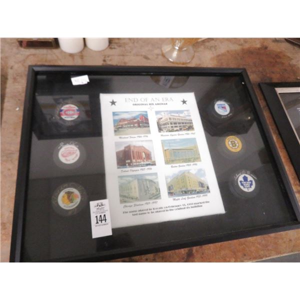 Shadow Box w/End of An Era Print and Autographed Hockey Pucks - 25" x 19"