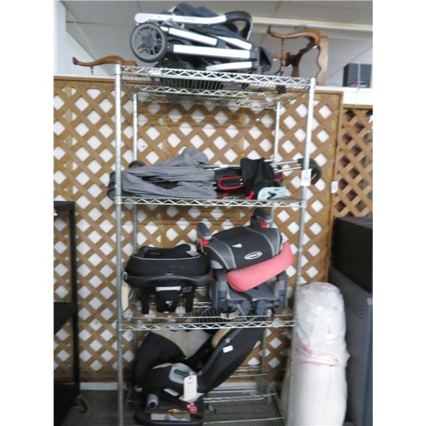 Rack of Baby Strollers, Childs Safety Seats